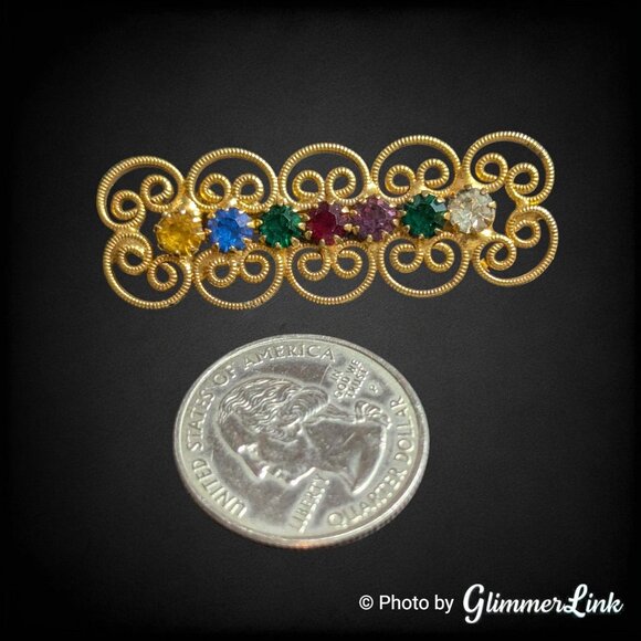 Vintage Gold Tone Filigree Multicolor Rhinestone Heart Bar Brooch - Picture 3 of 8
